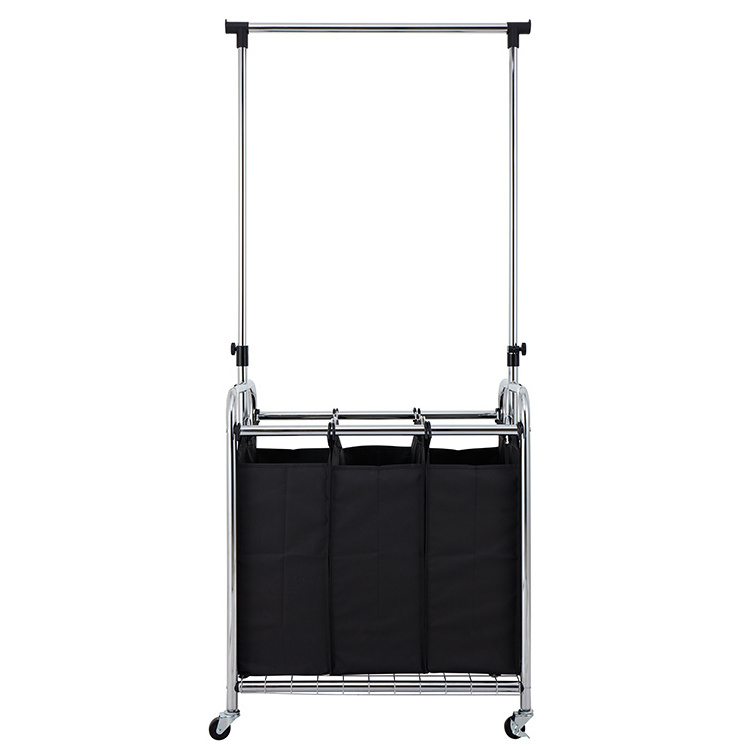 Clothing Garment Rack With 3 Bag Laundry Sorter Cart Washing Clothes Storage