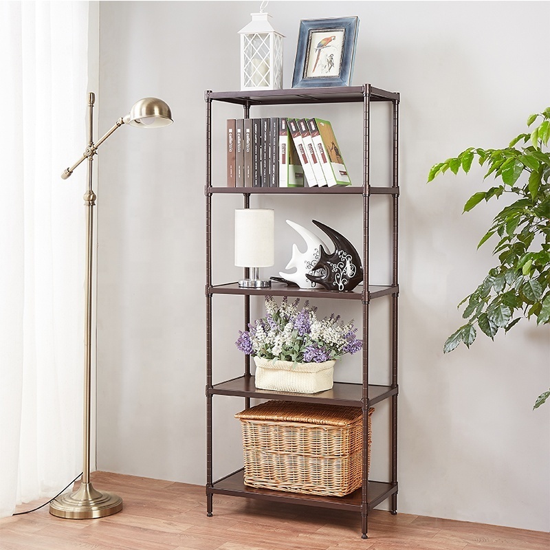 Narrow Shelving Unit Metal Free Standing Shelf Organizers Modern steel rack with MDF board