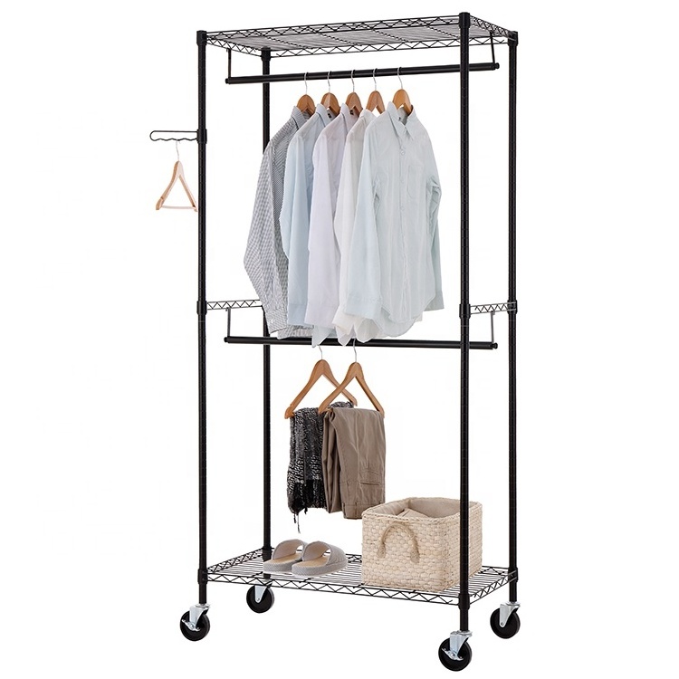 2 Compartment Laundry Sorter Hamper Metal Clothes Hanging Garment Rack Rolling Laundry Cart with Double Rod