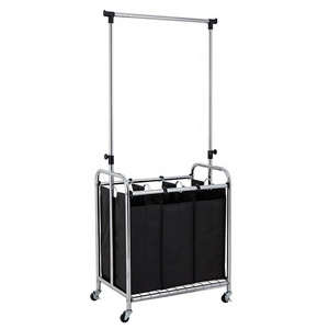 Rolling Laundry Cart Bag Sorter Hanging Bar Wheels Hamper Cleaning Storage Laundry 3 sorters