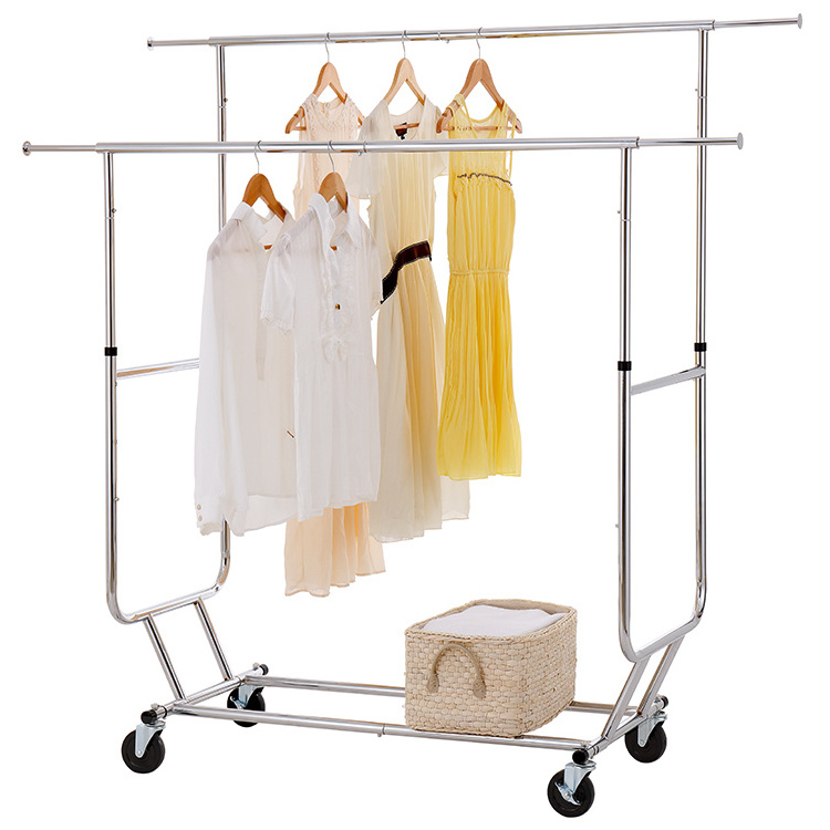 Extendable Double Rod Portable Clothes Hanging Garment Rack With 4 Wheels