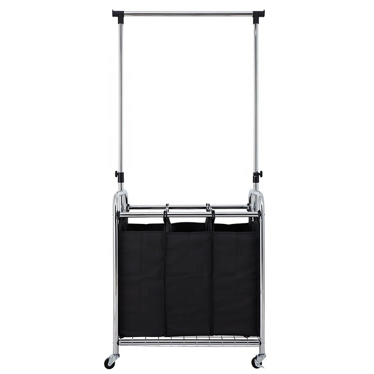 Rolling Laundry Cart Bag Sorter Hanging Bar Wheels Hamper Cleaning Storage Laundry 3 sorters