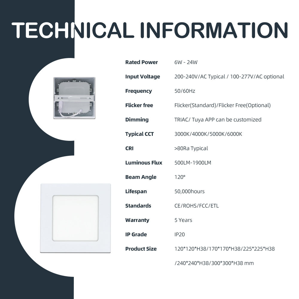 Led Slim Square 6 Inch 9W 12W Downlight Ceiling Junction Box Light Weight Concrete Wall Panel Etl Wafer 5cct Kitchen 80 -15 - 40