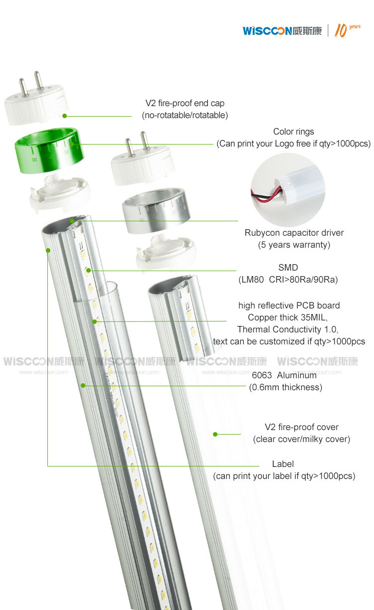 Wiscoon High Efficiency G13 T8 LED Tube Light AC110V 120V 220V Clear Cover T8 LED Tube 2ft 3ft 4ft 5ft tube light