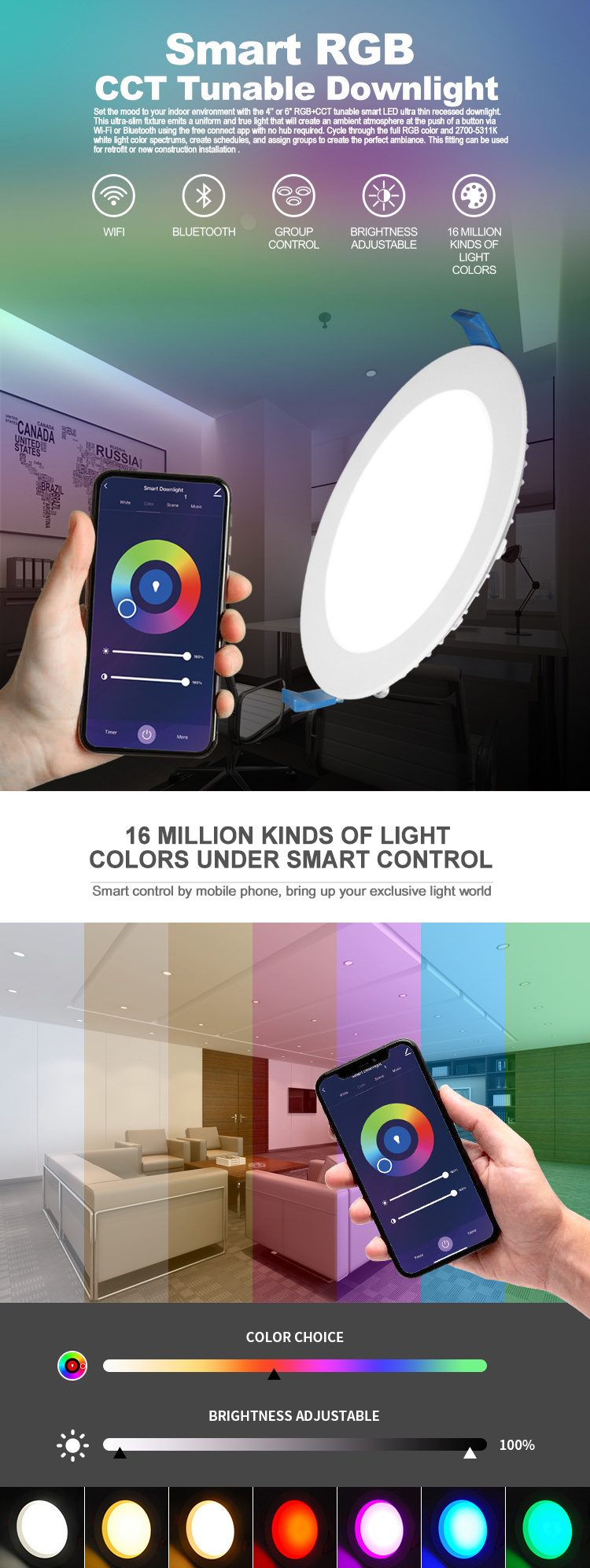 New Trends 4 inch 6 inch 8 inch 16 Colors Spot LED Smart RGB CCT White Recessed Trimless Downlight Wifi Control