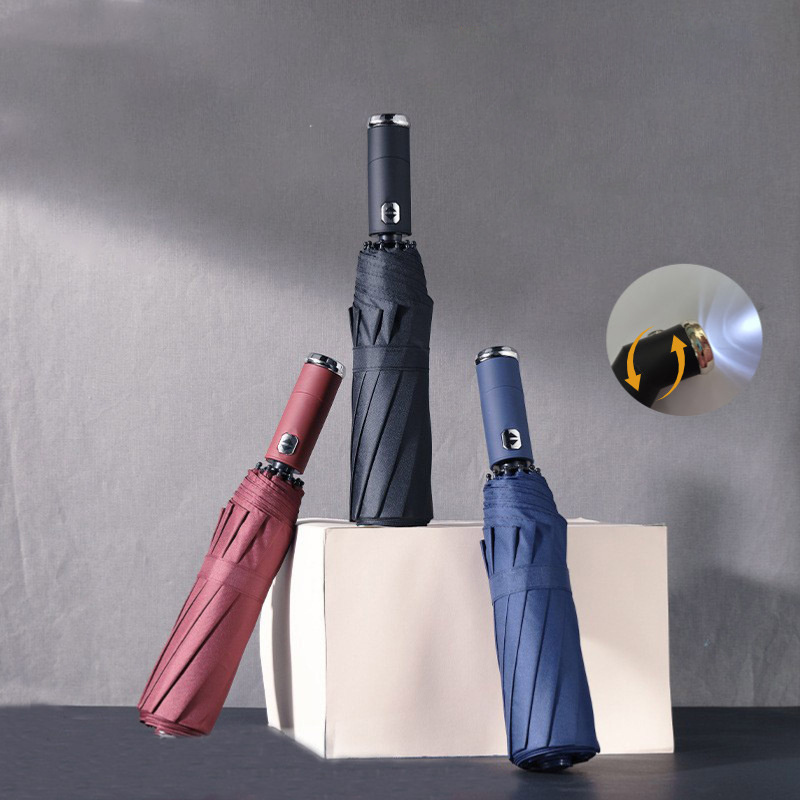 Fashion Heavy Duty Big Waterproof Umbrella Promotion Auto Open Large Uv Double Layer Fabric Windproof   LED flashlight Umbrella