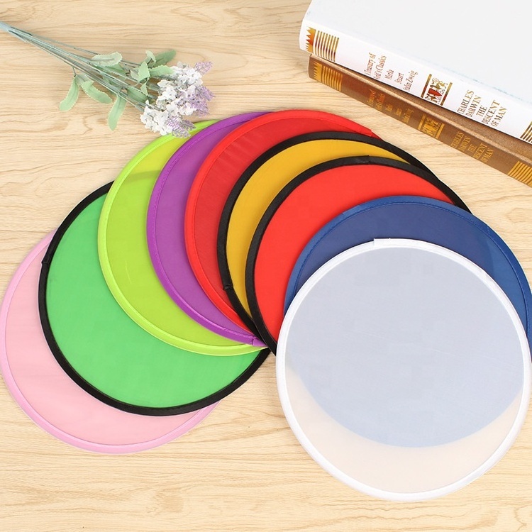 Custom Printed Soft Nylon Flying Disc Round Nylon Hand Folding Fan With Pouch Foldable Flying Disc Customized Logo with Pocket