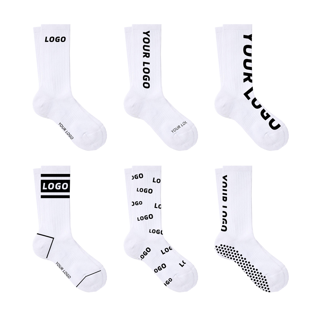 OEM custom logo white trampoline scrunch sport anti slip crew men's soccer non slip grip football socks