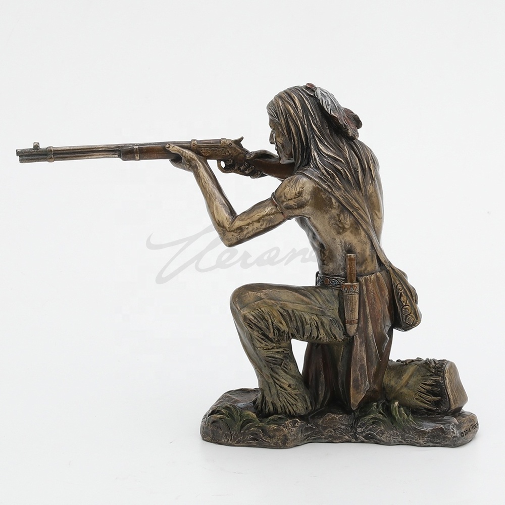 VERONESE DESIGN - INDIAN WARRIOR KNEELING AND SHOOTING RIFLE -COLD CAST BRONZE FINISHING