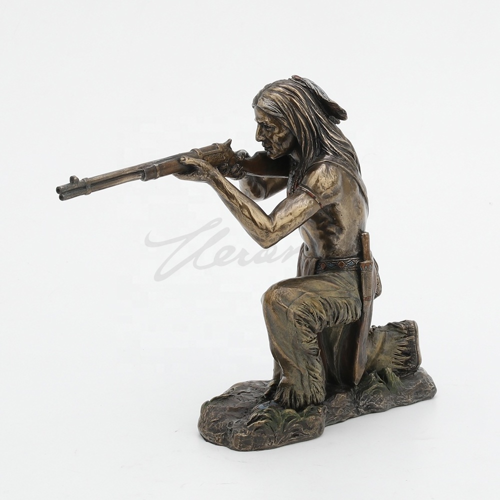 VERONESE DESIGN - INDIAN WARRIOR KNEELING AND SHOOTING RIFLE -COLD CAST BRONZE FINISHING