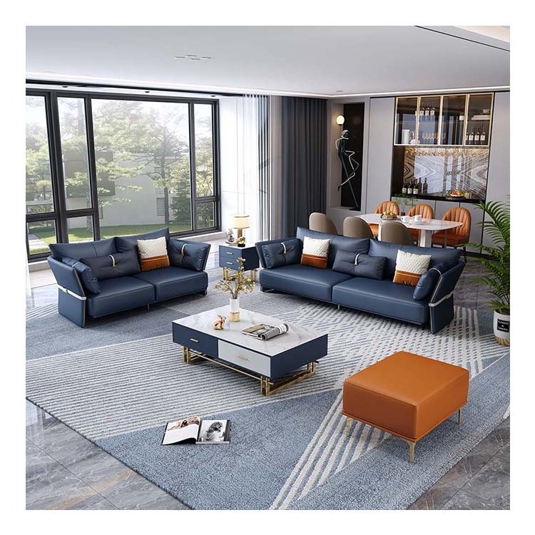 Modern Design Blue Brown European Livingroom Furniture Contemporary Italian Royal Recliner 1 2 3 Seater Seats couch Leather Sofa