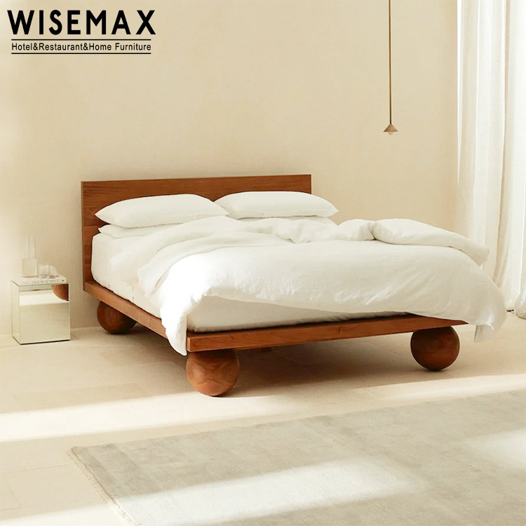 WISEMAX FURNITURE Modern bedroom furniture Walnut color solid wood frame white fabric king size double bed for home