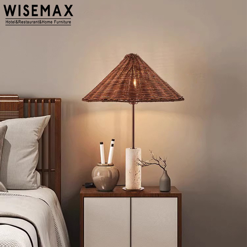 WISEMAX FURNITURE Hot sale home furniture bedside table lamp hand-woven rattan switch control desk light for living bedroom