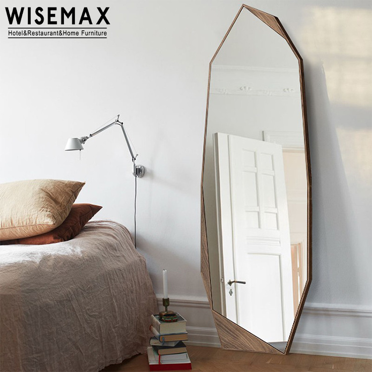 WISEMAX FURNITURE Minimalist home decor Large walnut wood side full length mirror Irregular shape hung floor mirror