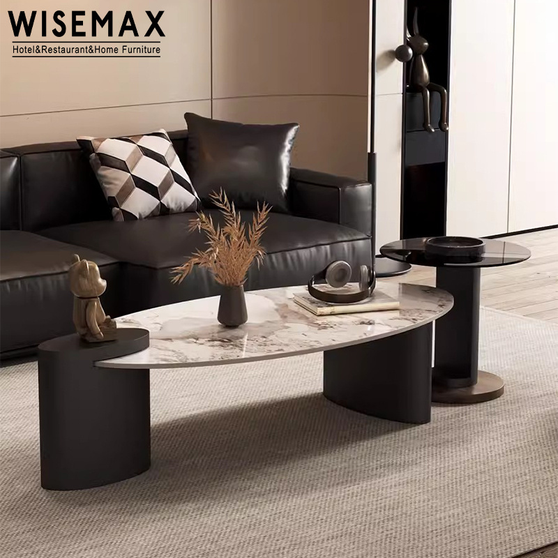 WISEMAX FURNITURE Modern Luxury Gold metal base marble top Coffe Table Set Marble Oval Coffee Table Low High For Living Room