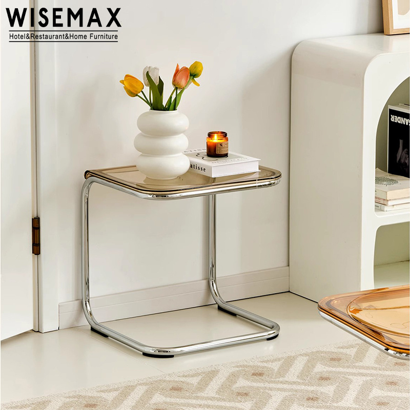 WISEMAX Nordic Simple Acrylic Square Coffee Table Low Shoe Vanity Stool for Living Room Chrome Metal Nightstands for Home Stay