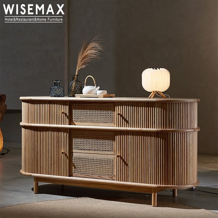 WISEMAX FURNITURE high quality wooden storage cabinet design natural rattan woven door kitchen cabinet for living room furniture