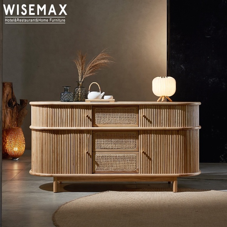 WISEMAX FURNITURE high quality wooden storage cabinet design natural rattan woven door kitchen cabinet for living room furniture