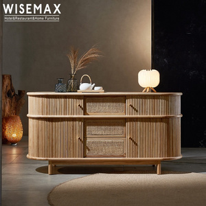 WISEMAX FURNITURE high quality wooden storage cabinet design natural rattan woven door kitchen cabinet for living room furniture