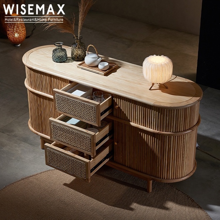 WISEMAX FURNITURE high quality wooden storage cabinet design natural rattan woven door kitchen cabinet for living room furniture