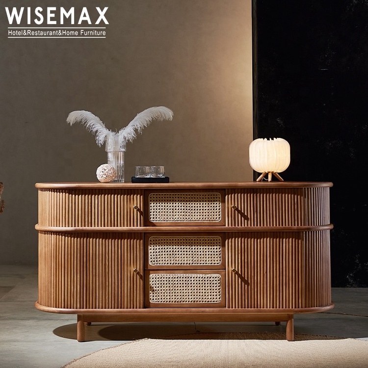 WISEMAX FURNITURE high quality wooden storage cabinet design natural rattan woven door kitchen cabinet for living room furniture