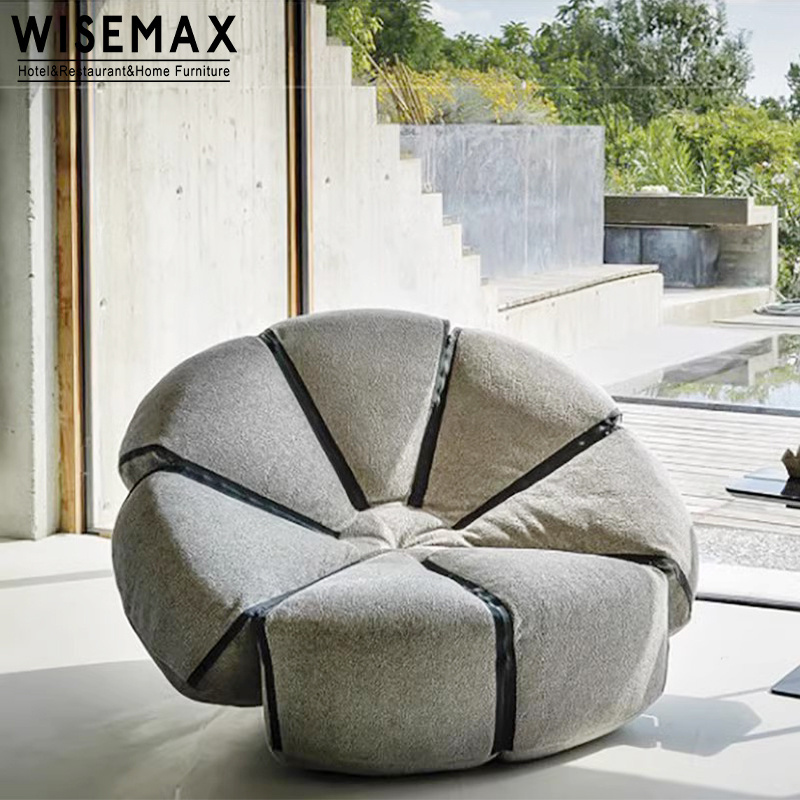 WISEMAX FURNITURE Nordic Fabric Solid Wood Frame Round Modern Bean Bag Chair Flower Leisure Lounge Chair for Living Room