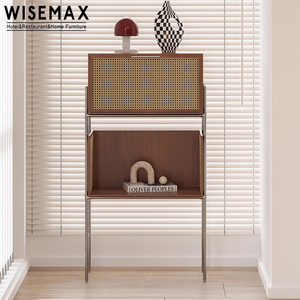 WISEMAX FURNITURE Classical Wooden Storage Side Cabinet With Rattan Nordic Home Furniture Metal Base Living Room Display Case