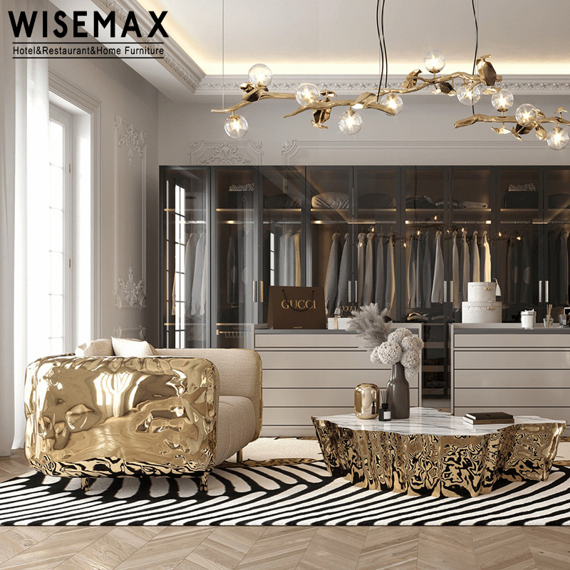 WISEMAX FURNITURE Italian Luxury Villa Couch Sofa Set Furniture Gold Stainless Steel Genuine Leather Sofa For Living Room