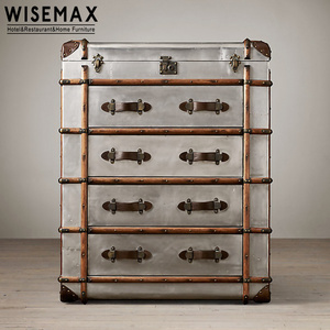 WISEMAX FURNITURE Retro living room cabinet furniture vintage wooden storage chest of drawers storage aluminum trunk box