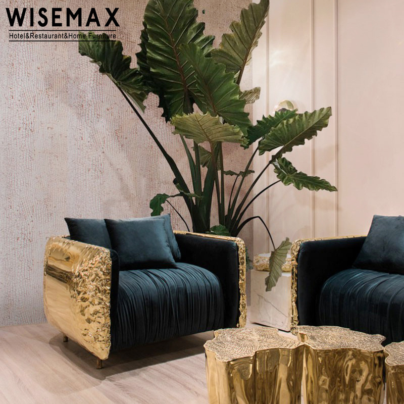 WISEMAX FURNITURE Italian Luxury Villa Couch Sofa Set Furniture Gold Stainless Steel Genuine Leather Sofa For Living Room