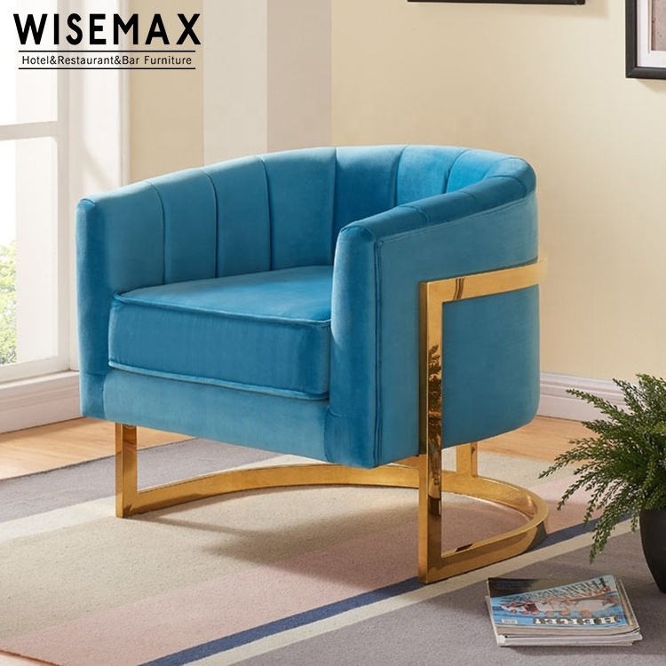 WISEMAX FURNITURE Modern Leisure Style Gold Metal Frame Vintage Navy Blue Soft Velvet Accent Sofa Living Room Chair