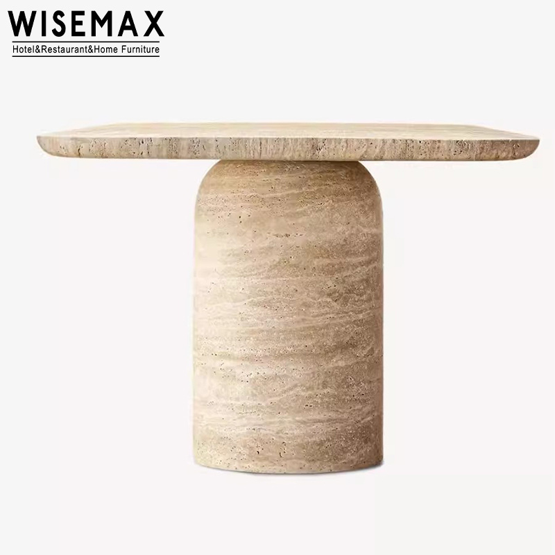 WISEMAX FURNITURE Modern Large Travertine Dining Table with Cylinder Base Luxury Marble Design 10-Seater for Home or Hotel Use