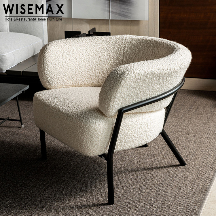 WISEMAX FURNITURE Modern living room furniture White fabric single sofa chair Black metal frame home leisure chair with arm