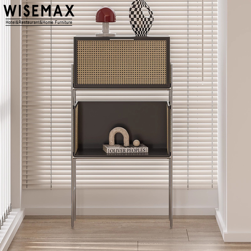 WISEMAX FURNITURE Classical Wooden Storage Side Cabinet With Rattan Nordic Home Furniture Metal Base Living Room Display Case