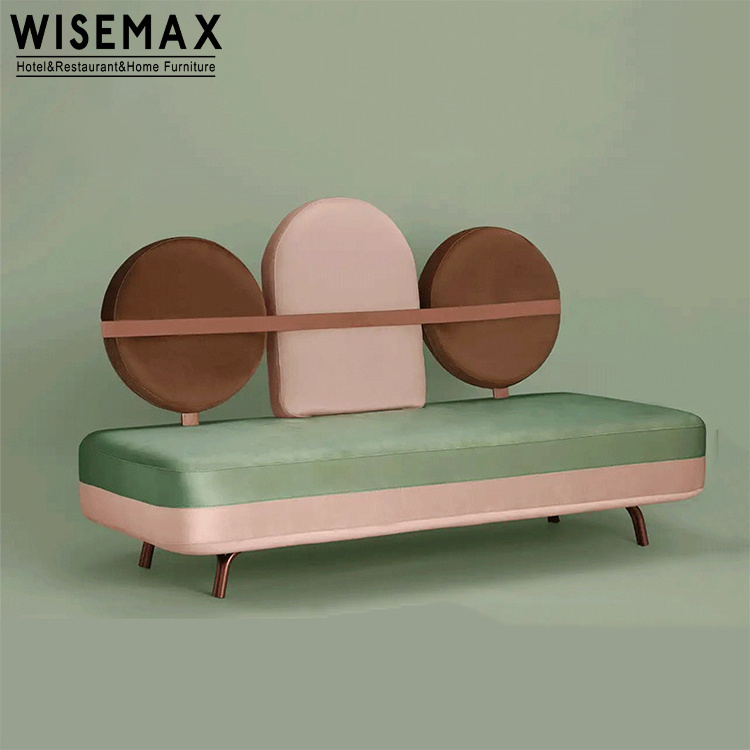 WISEMAX FURNITURE retro design living room sofas gold metal legs pink green high back velvet fabric sofa 2 seat bench for hotel