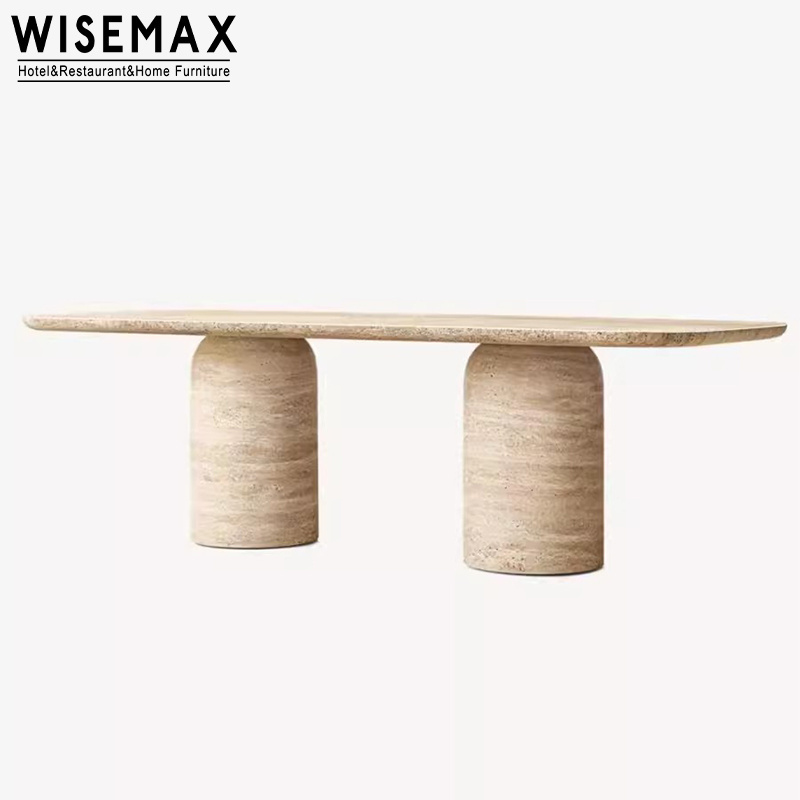 WISEMAX FURNITURE Modern Large Travertine Dining Table with Cylinder Base Luxury Marble Design 10-Seater for Home or Hotel Use