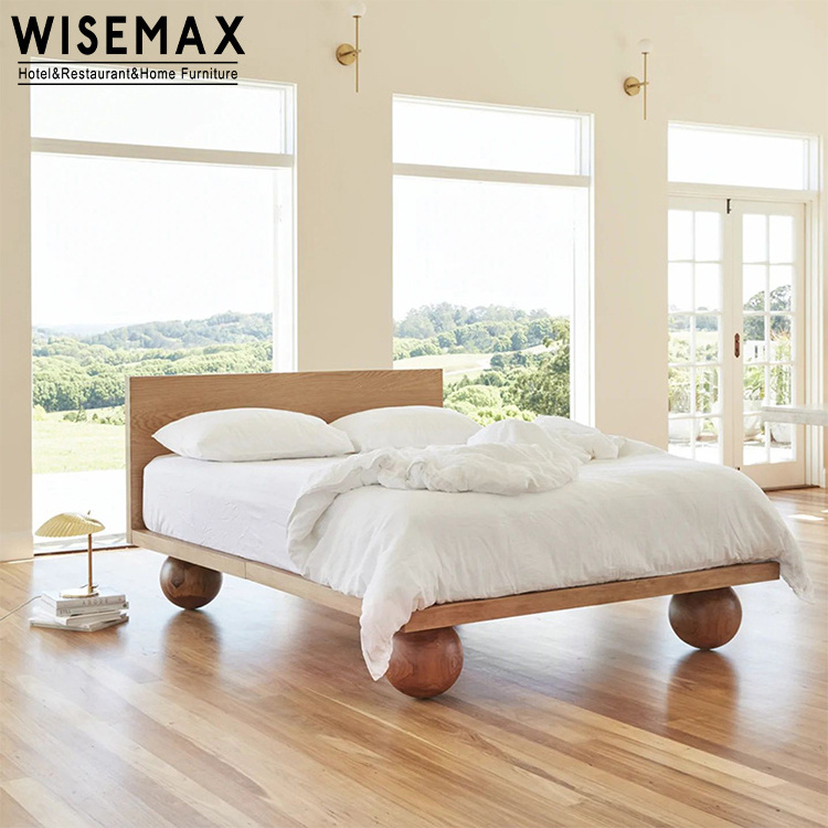 WISEMAX FURNITURE Modern bedroom furniture Walnut color solid wood frame white fabric king size double bed for home