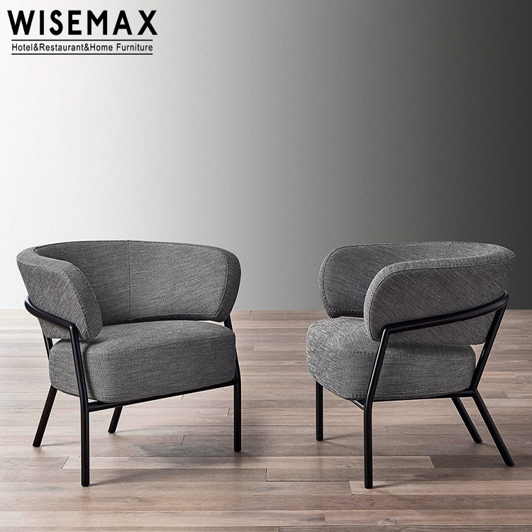 WISEMAX FURNITURE Modern living room furniture White fabric single sofa chair Black metal frame home leisure chair with arm