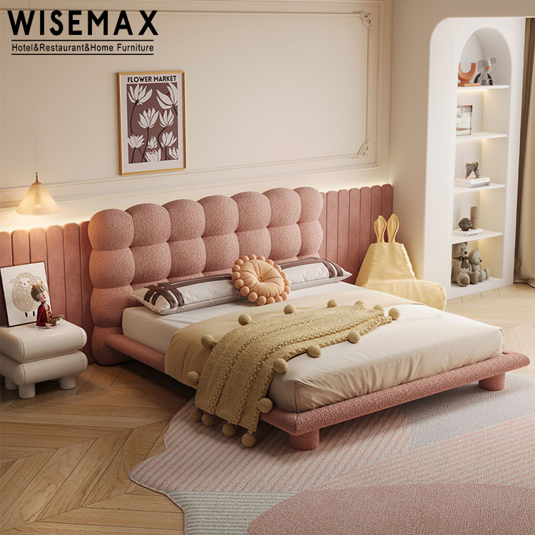 WISEMAX FURNITURE Modern bedroom furniture Rectangle pink teddy fabric bubble bed heard wooden double bed for home