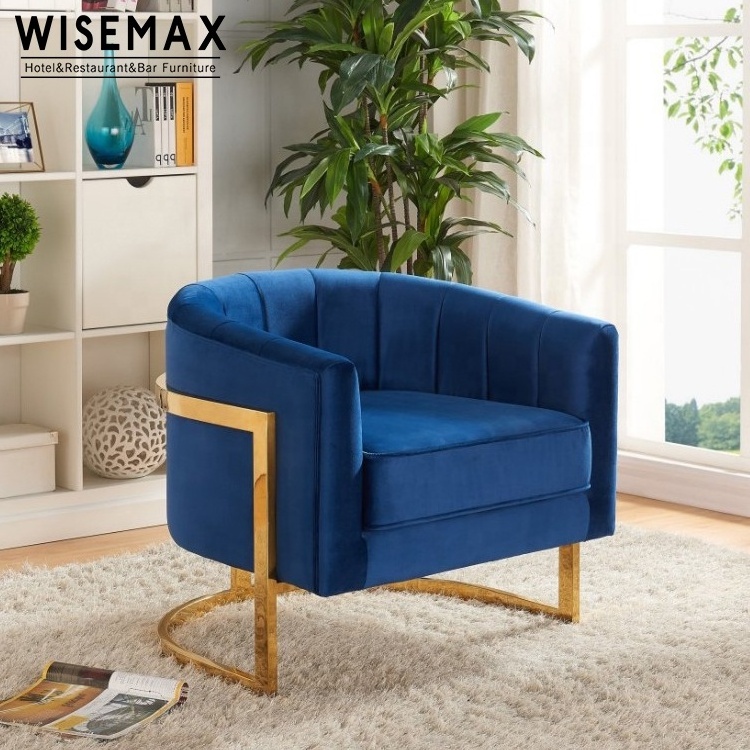 WISEMAX FURNITURE Modern Leisure Style Gold Metal Frame Vintage Navy Blue Soft Velvet Accent Sofa Living Room Chair