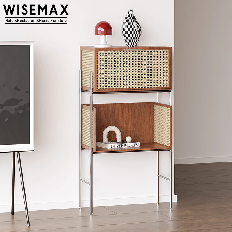 WISEMAX FURNITURE Classical Wooden Storage Side Cabinet With Rattan Nordic Home Furniture Metal Base Living Room Display Case