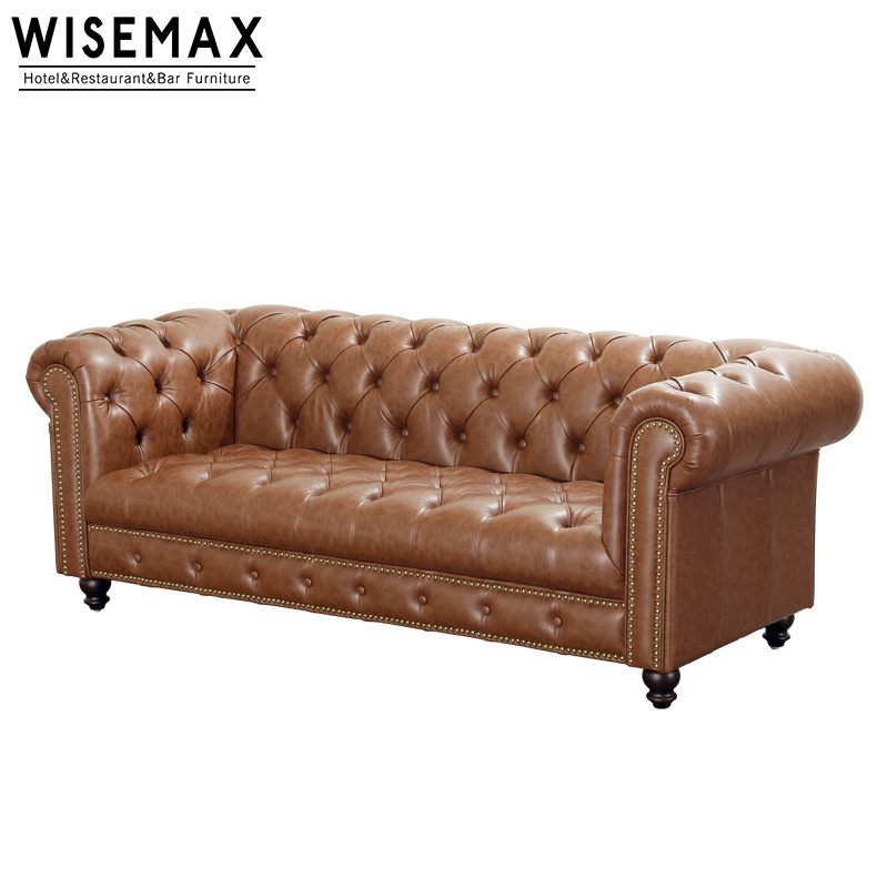 WISEMAX American modern furniture antique 3 seats upholstery vintage leather living room used chesterfield leisure sleeper sofa