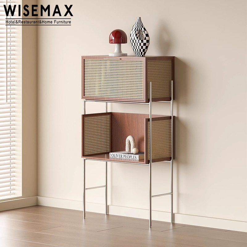 WISEMAX FURNITURE Classical Wooden Storage Side Cabinet With Rattan Nordic Home Furniture Metal Base Living Room Display Case