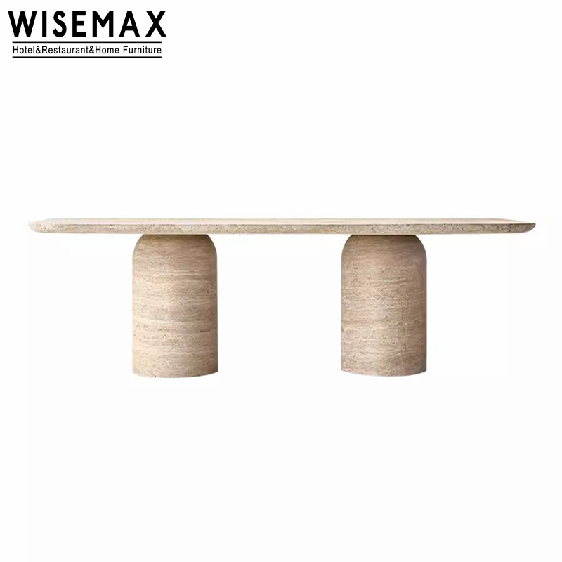 WISEMAX FURNITURE Modern Large Travertine Dining Table with Cylinder Base Luxury Marble Design 10-Seater for Home or Hotel Use