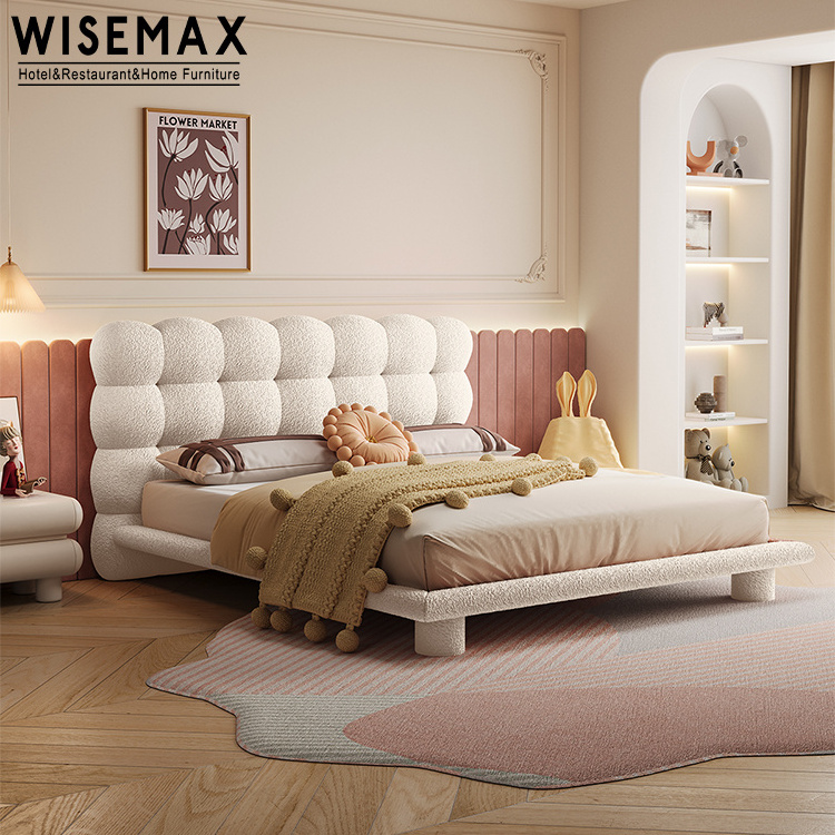 WISEMAX FURNITURE Modern bedroom furniture Rectangle pink teddy fabric bubble bed heard wooden double bed for home