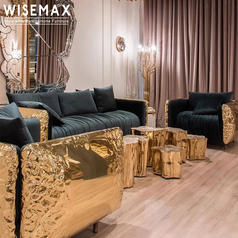 WISEMAX FURNITURE Italian Luxury Villa Couch Sofa Set Furniture Gold Stainless Steel Genuine Leather Sofa For Living Room