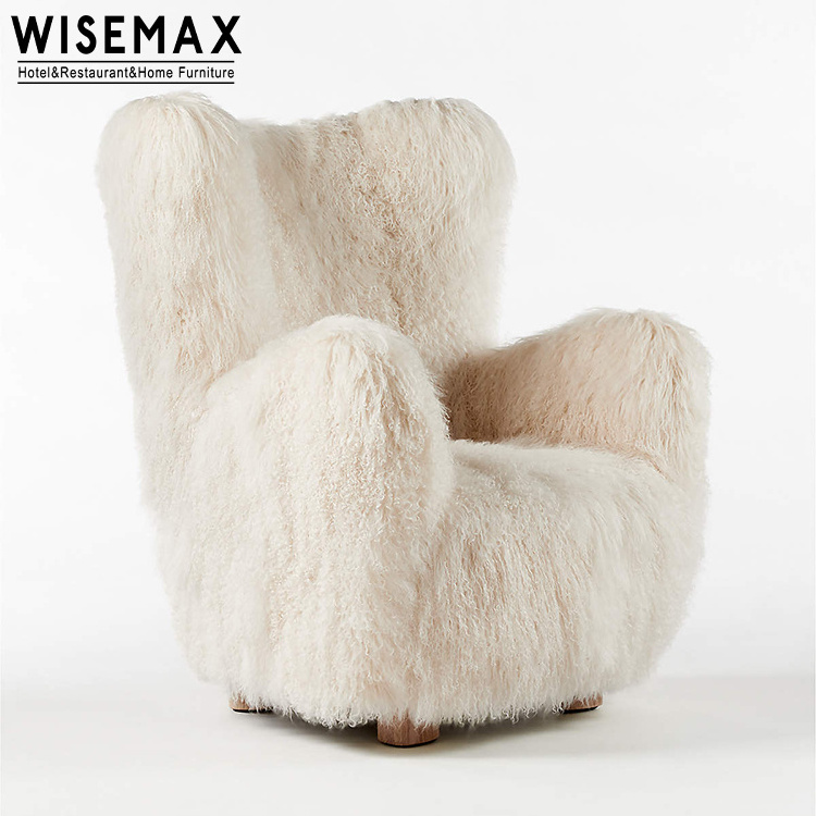 WISEMAX FURNITURE modern home sofas white lamb wool sheepskin chair living room teddy fabric lounge armrest leisure sofa chair