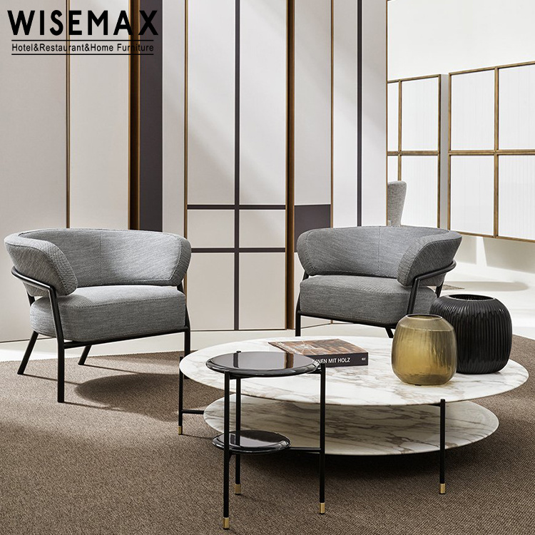 WISEMAX FURNITURE Modern living room furniture White fabric single sofa chair Black metal frame home leisure chair with arm