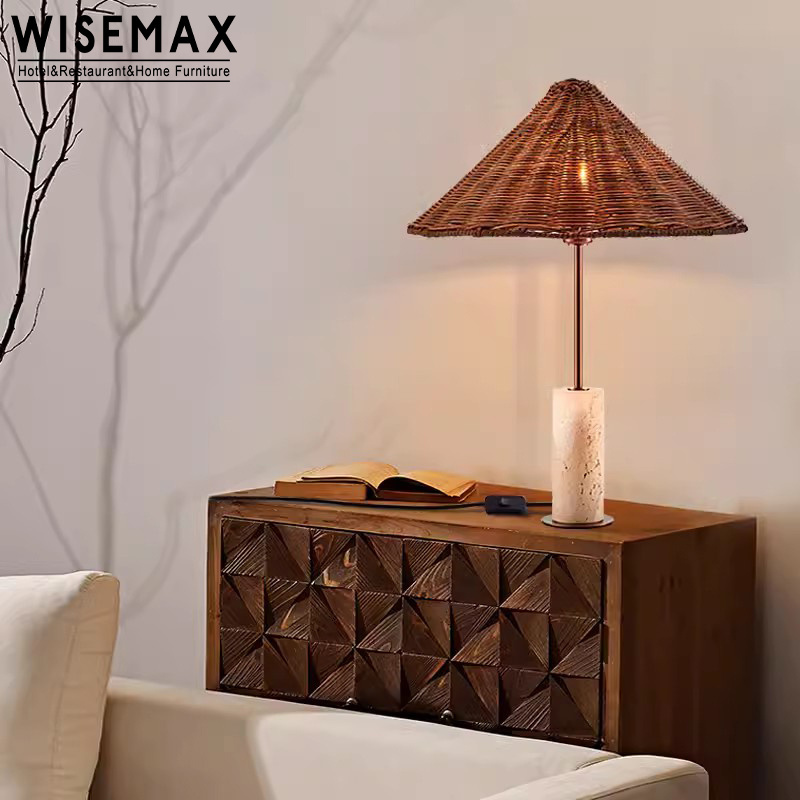 WISEMAX FURNITURE Hot sale home furniture bedside table lamp hand-woven rattan switch control desk light for living bedroom