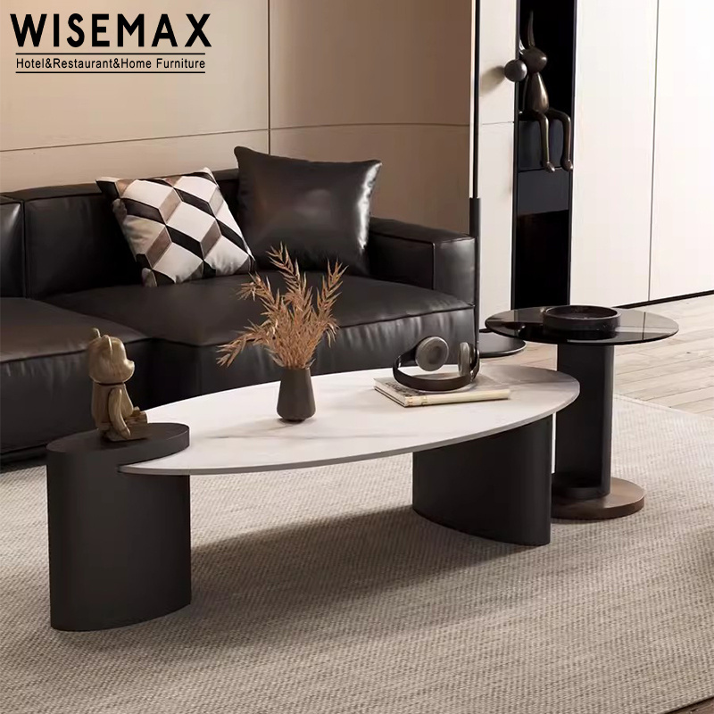 WISEMAX FURNITURE Modern Luxury Gold metal base marble top Coffe Table Set Marble Oval Coffee Table Low High For Living Room